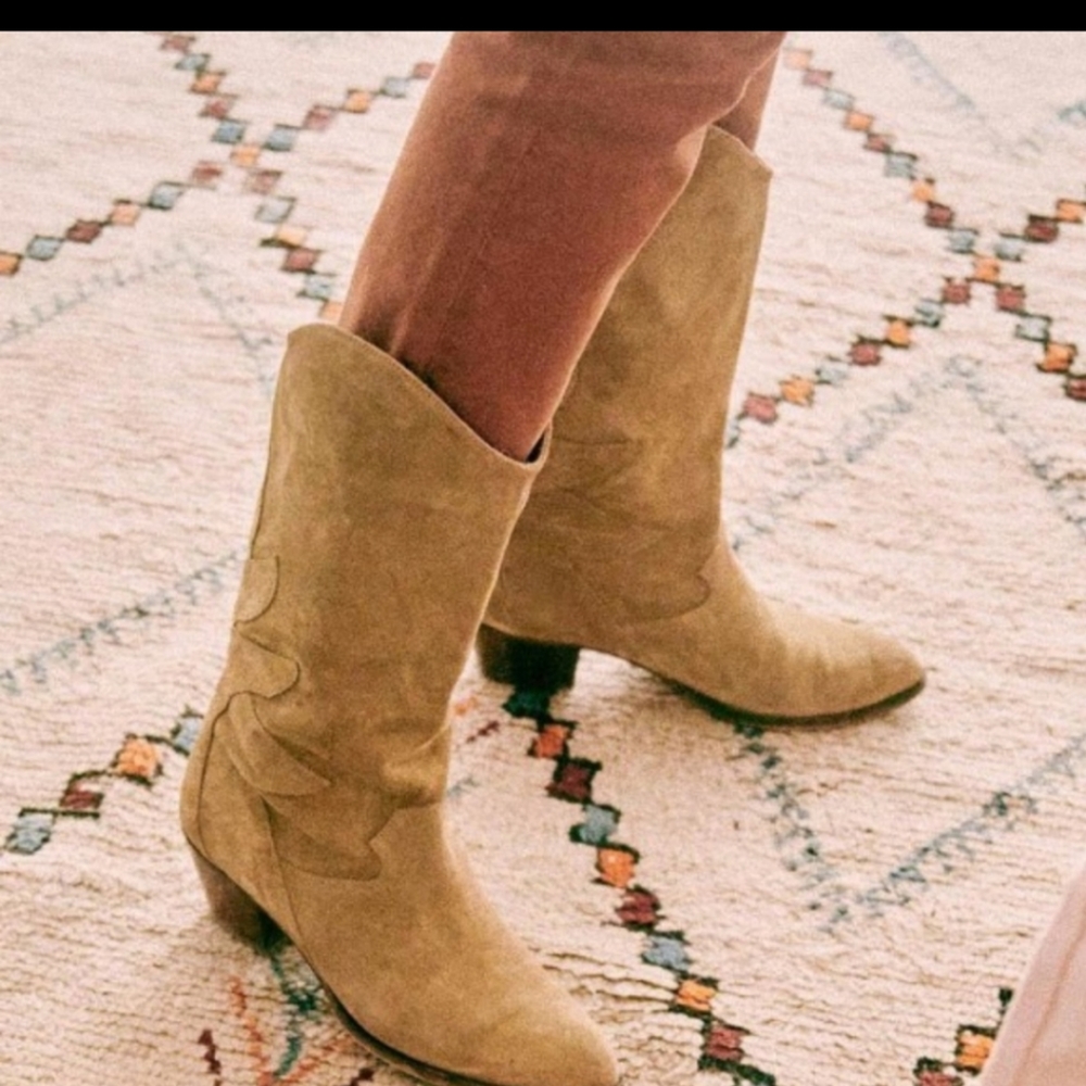 Sezane Phoenix Cowgirl Leather Beige Tan Boots - Picture 2 of 13